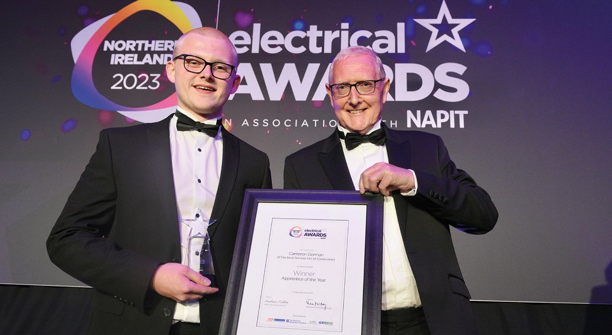 Cameron Gorman is presented with the NI Electrical Apprentice of the Year Award